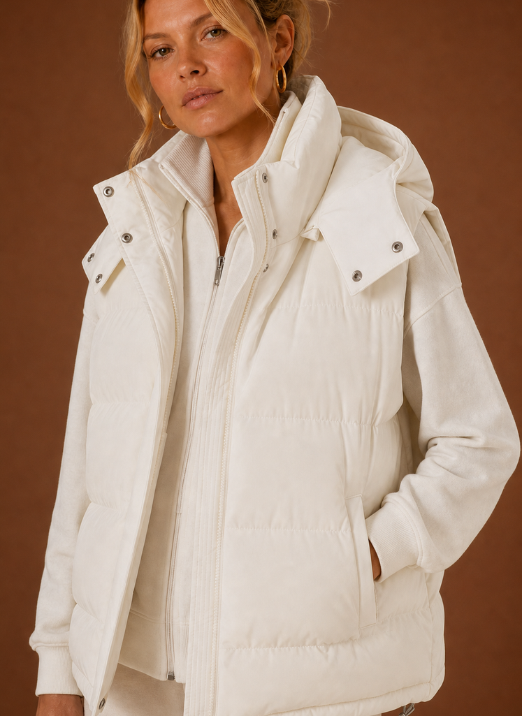 Hochwertige cremeweiße Oversized Steppweste für Damen. Warme wattierte Kapuzenweste, ideal für Outdoor.