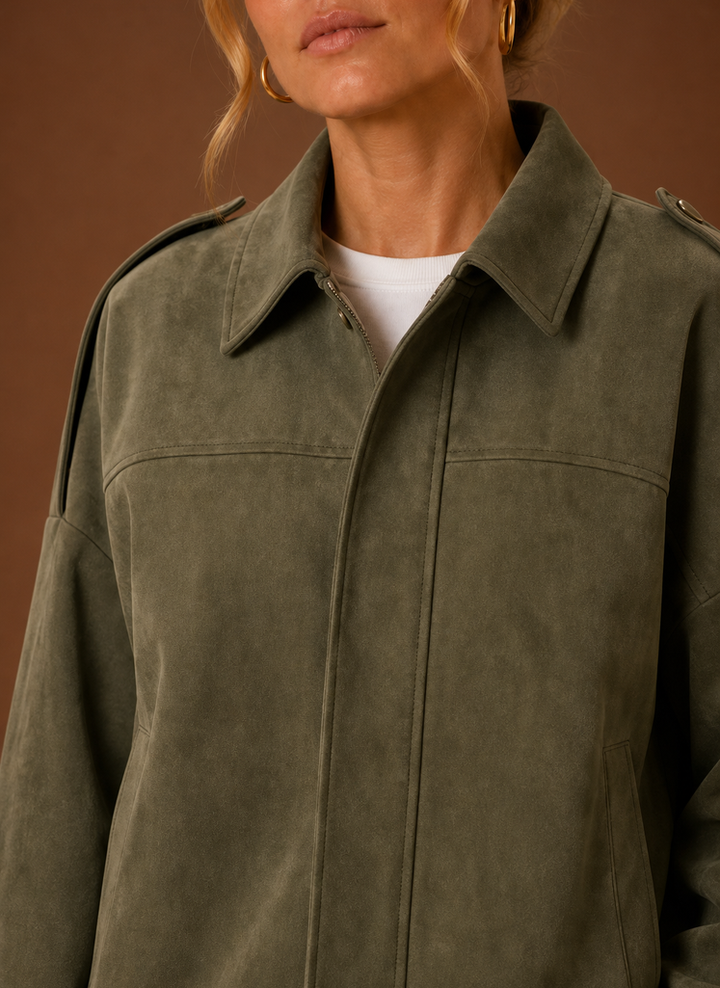 Elegante Damen Oversized Jacke in Grau, schmeichelhafter Boxy Schnitt für jede Figur.