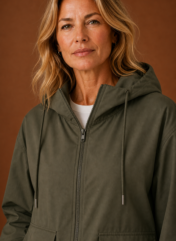 Praktische Damen Windjacke mit Kapuze für Sport und Alltag, in Schwarz oder Oliv erhältlich.