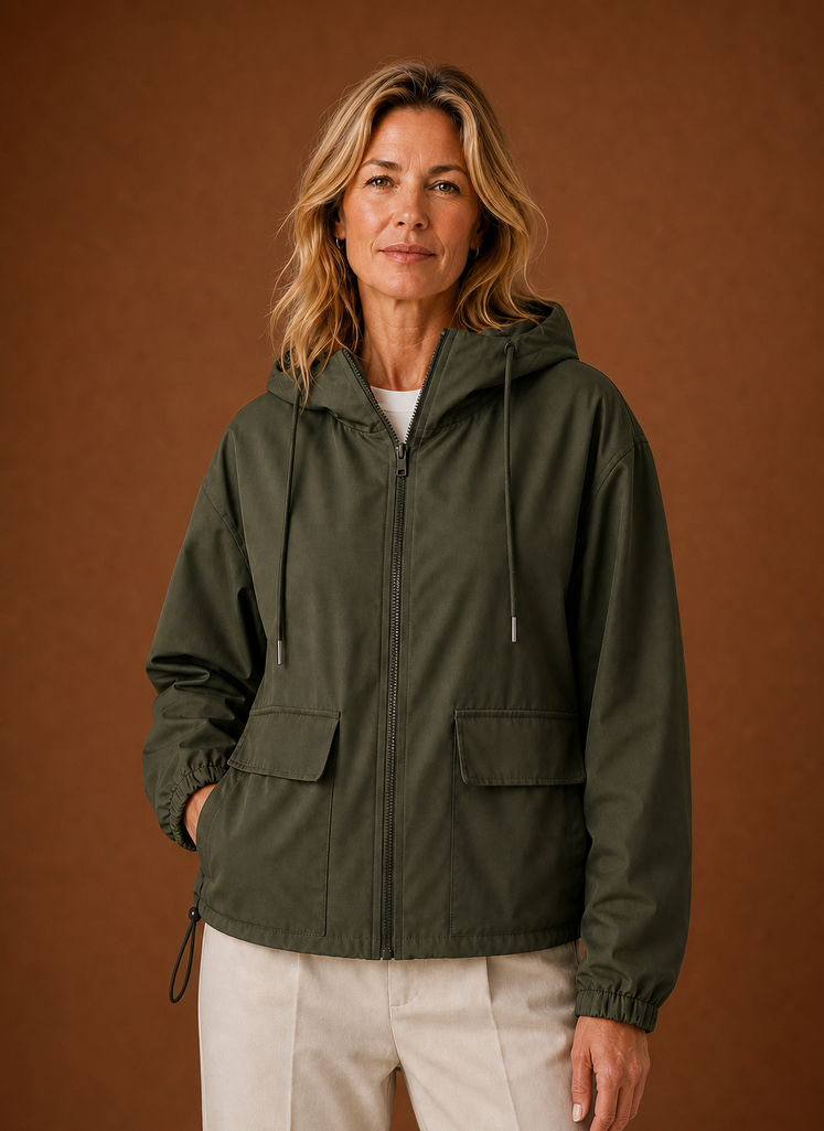Atmungsaktive Damen Windjacke mit Kapuze in Oliv, perfekt für Outdoor und Freizeit.