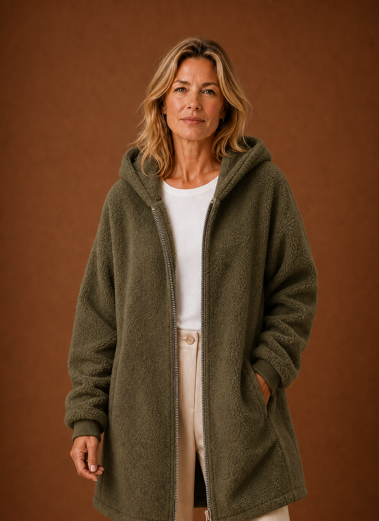 Modische Damen Kapuzenjacke, lang & kuschelig; ideal für kalte Tage.