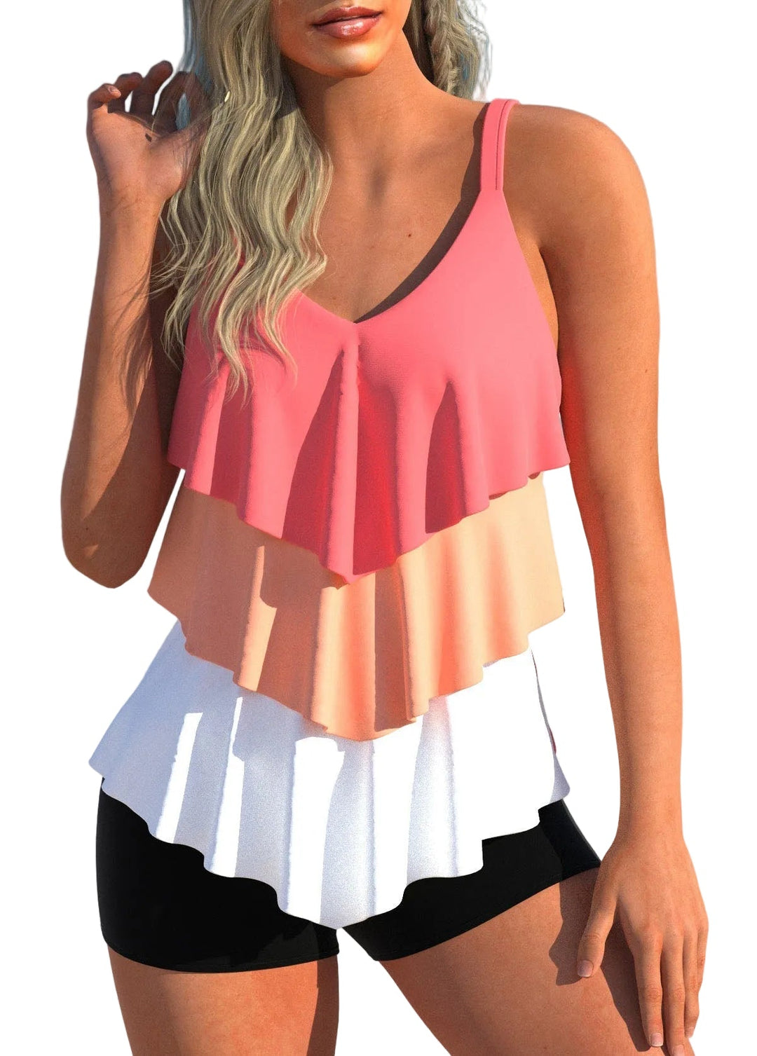 Trendiges Damen Tankini Set mit hohem Bund, bauchweg Effekt und passendem Oberteil für Bademode.