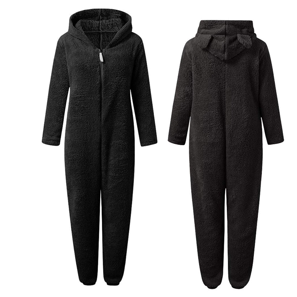 Unisex Kuschel-Overall mit Kapuze und Bärenohren, warmer und gemütlicher Hausanzug für alle Jahreszeiten.