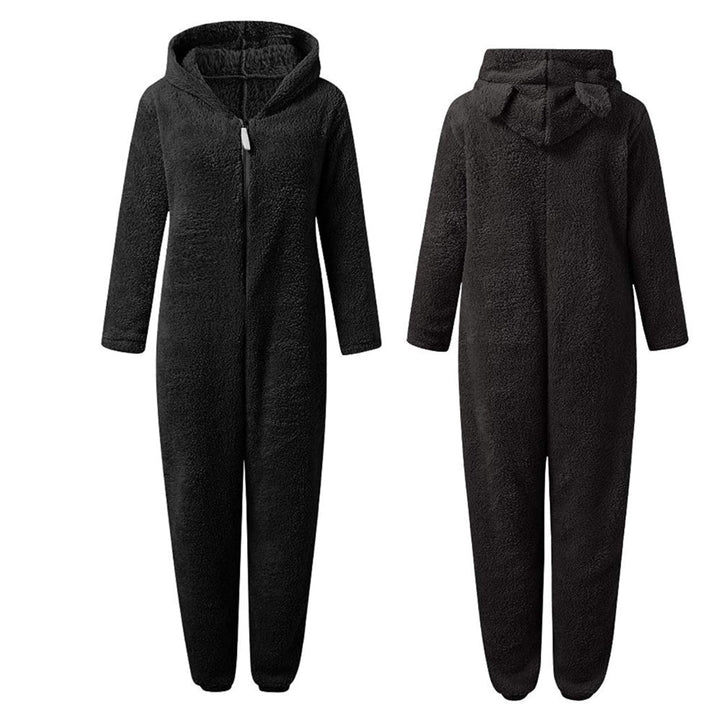 Unisex Kuschel-Overall mit Kapuze und Bärenohren, warmer und gemütlicher Hausanzug für alle Jahreszeiten.