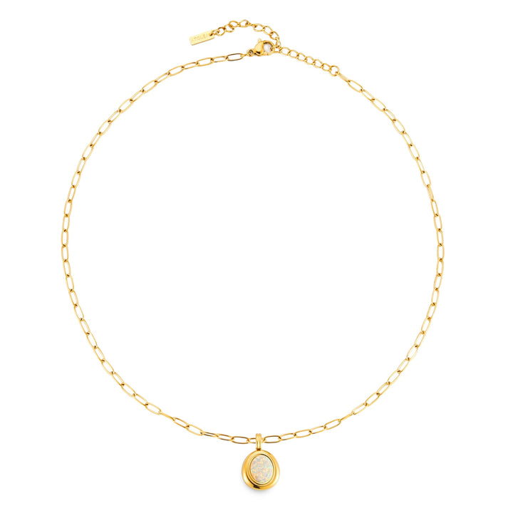 Schimmernde Opal-Halskette für Damen an einer modernen Gold Paperclipkette aus wasserdichtem Edelstahl.