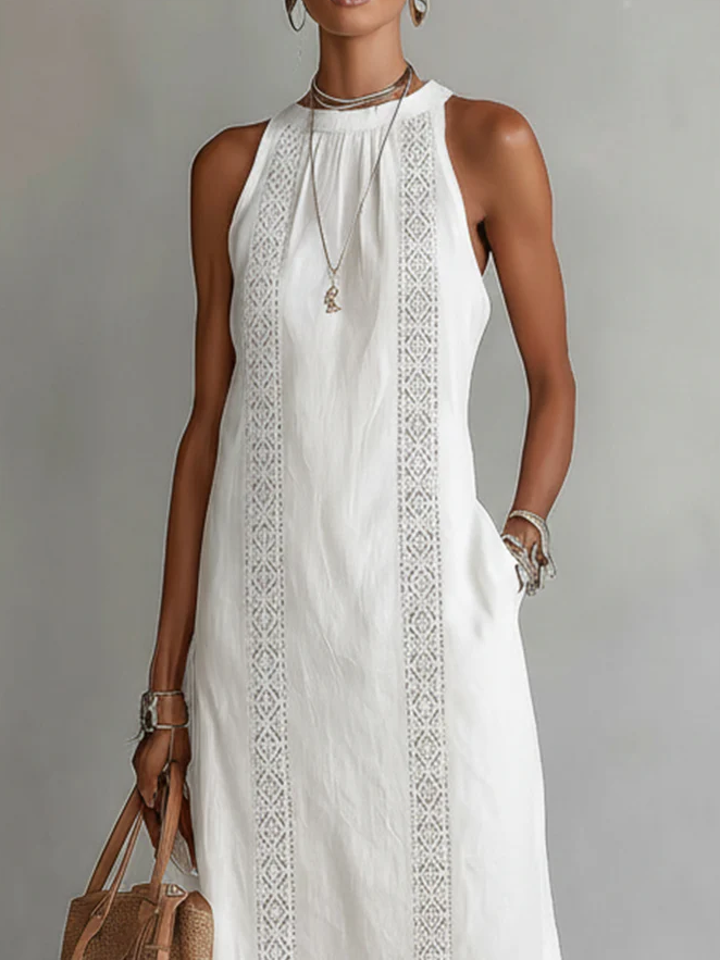 Damen Midi-Sommerkleid mit Stehkragen in fließendem Stoff, elegant und bequem für jeden Anlass, zeitlos schick.