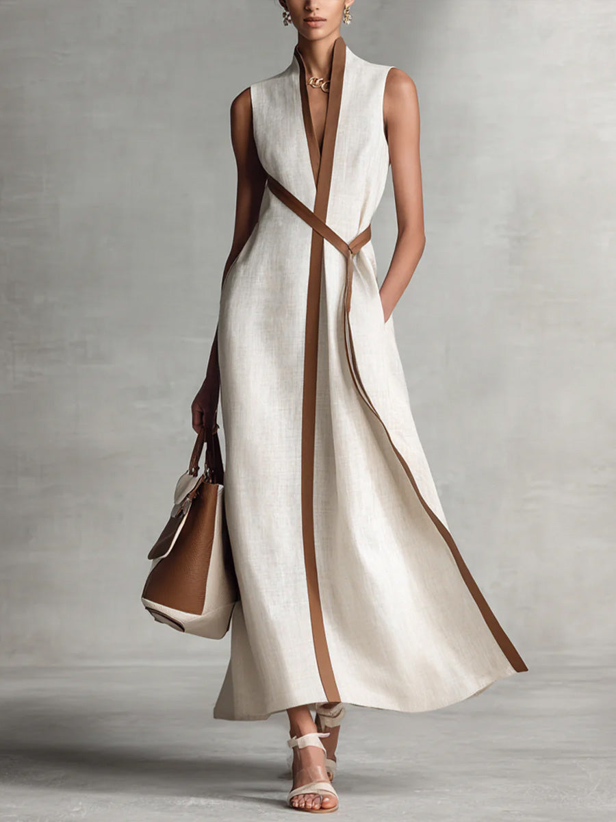 Damen ärmelloses Wickel-Maxikleid in elegantem Design, ideal für Sommer, Freizeit & Urlaub. Langes, fließendes Kleid.