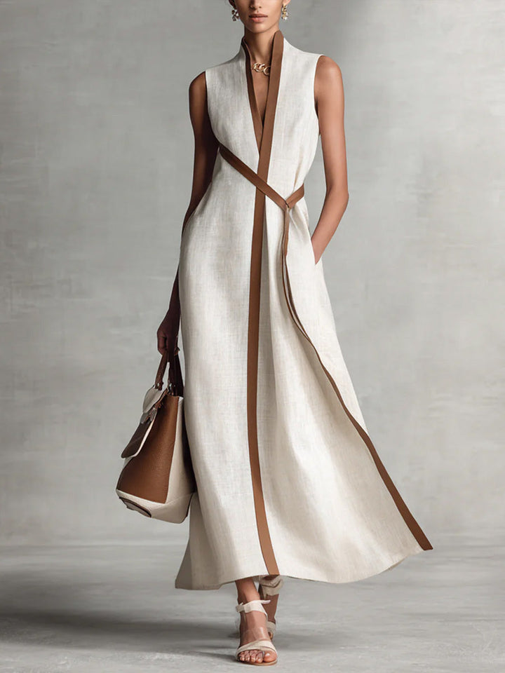Damen ärmelloses Wickel-Maxikleid in elegantem Design, ideal für Sommer, Freizeit & Urlaub. Langes, fließendes Kleid.