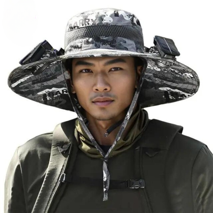 Kühlender Sonnenhut mit Solartechnik, UV-Schutz & Belüftung für aktives Outdoorleben.