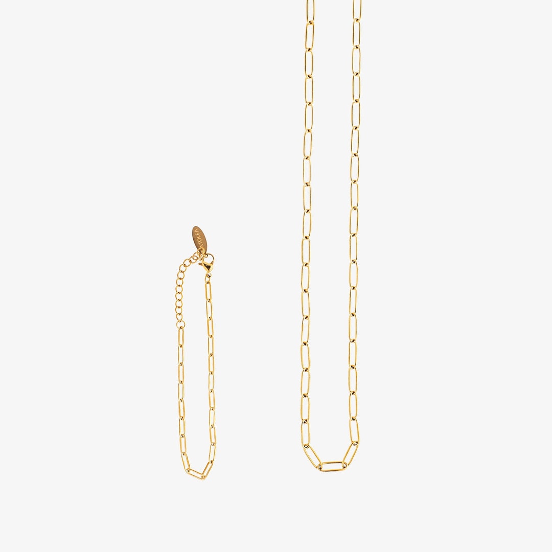 Goldenes Damen Paperclip Schmuckset aus wasserdichtem Edelstahl: moderne Kette & Armband. Hypoallergener Damenschmuck.
