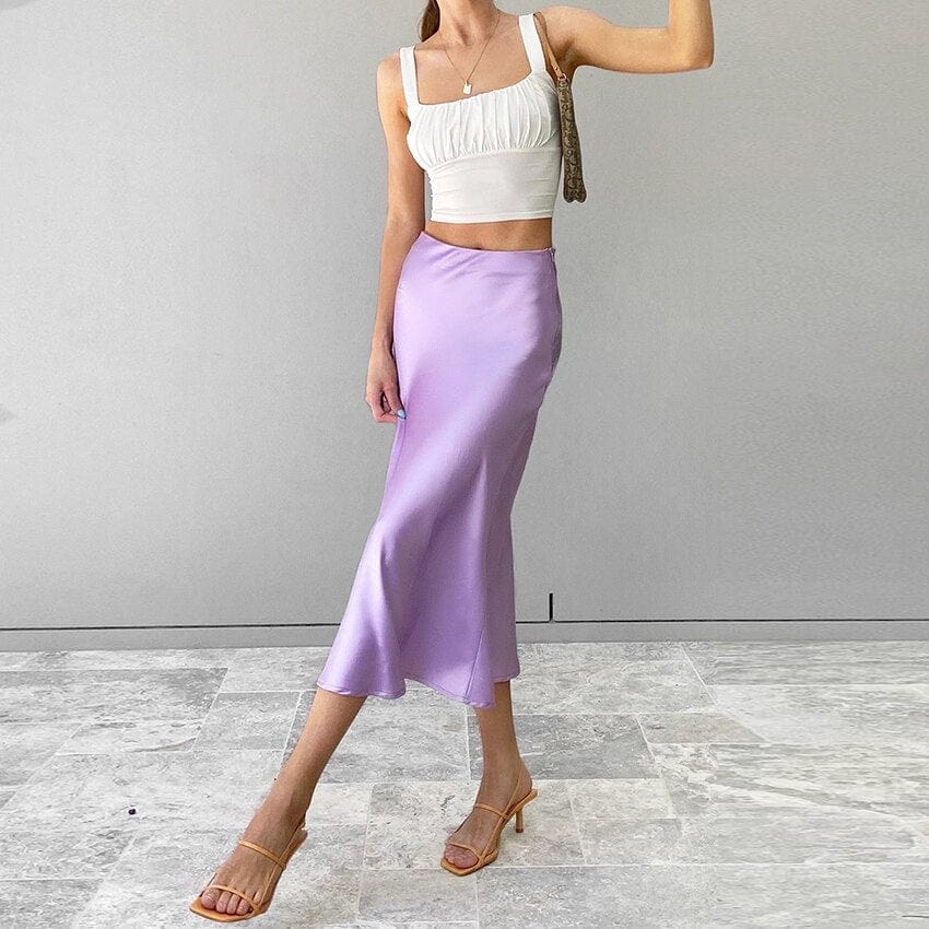 Eleganter Damen Midirock mit Satin-Glanz, A-Linie, hohe Taille, perfekt für festliche Anlässe.