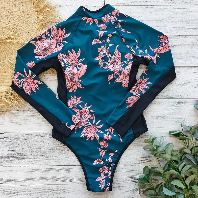 Moderner Damen Badeanzug mit langem Arm & Reißverschluss, perfekt für UV-Schutz und Komfort.