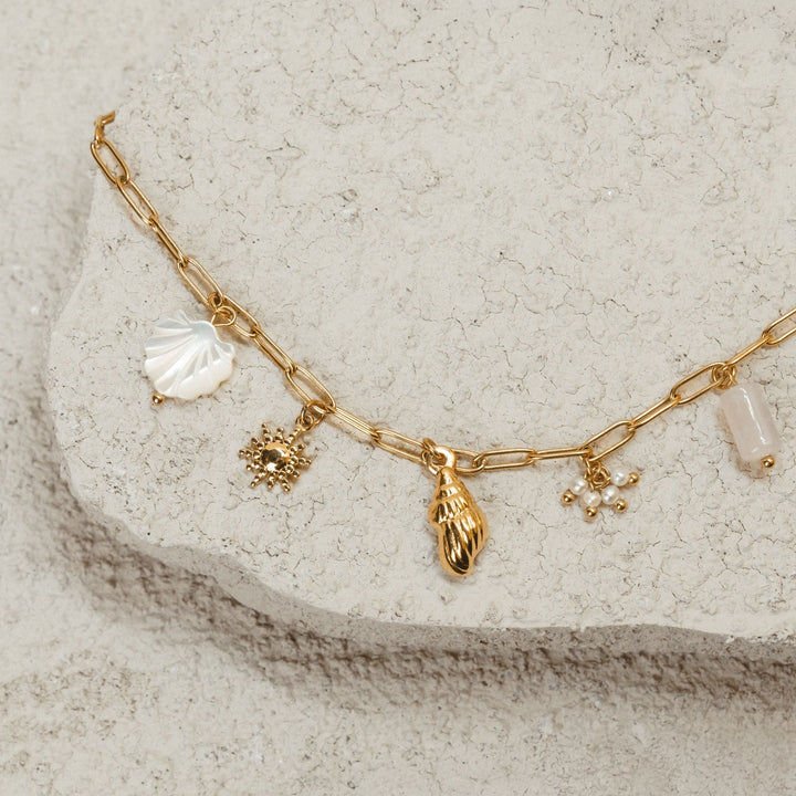 Hochwertige Damen Goldkette aus Edelstahl mit Muschel & Süßwasserperlen. Zeitloser Maritim-Look.