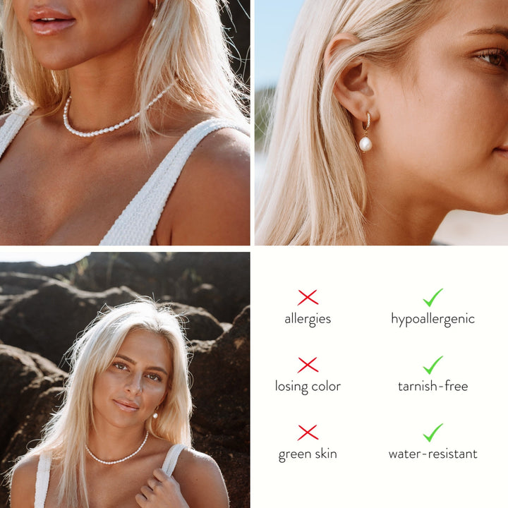 Goldenes Damen Perlenschmuck Set mit Süßwasserperlen Choker und Creolen. Zeitloser, hypoallergener Schmuck.