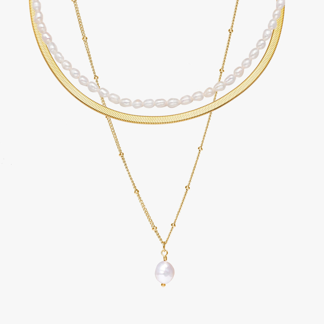 Damen 3-teiliges vergoldetes Layering Halsketten Set mit echten Süßwasserperlen und Edelstahl, eleganter Damenschmuck.
