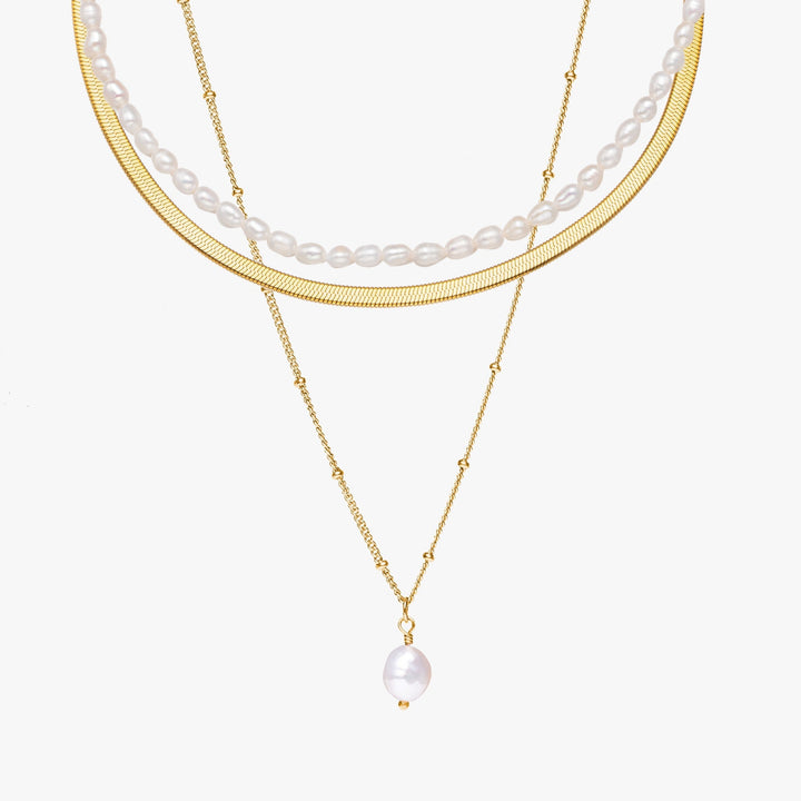 Damen 3-teiliges vergoldetes Layering Halsketten Set mit echten Süßwasserperlen und Edelstahl, eleganter Damenschmuck.