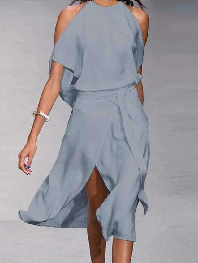Elegantes Damen Cold-Shoulder Midikleid, fließend und vielseitig, ideal als Sommerkleid mit offener Schulter. Perfekt für Party & Freizeit.