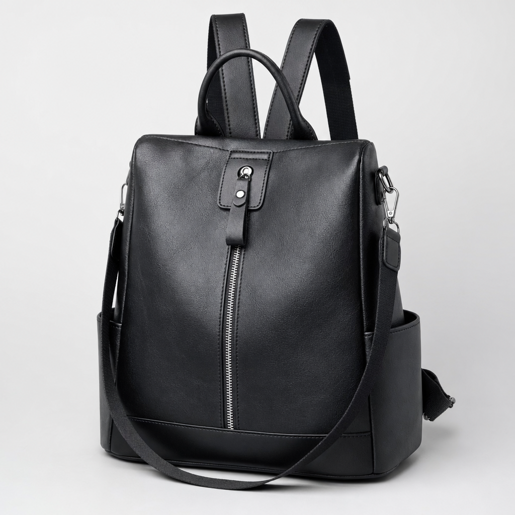 Nahaufnahme des stilvollen Damen Kunstlederrucksacks, wandelbar von Rucksack zu Umhängetasche.