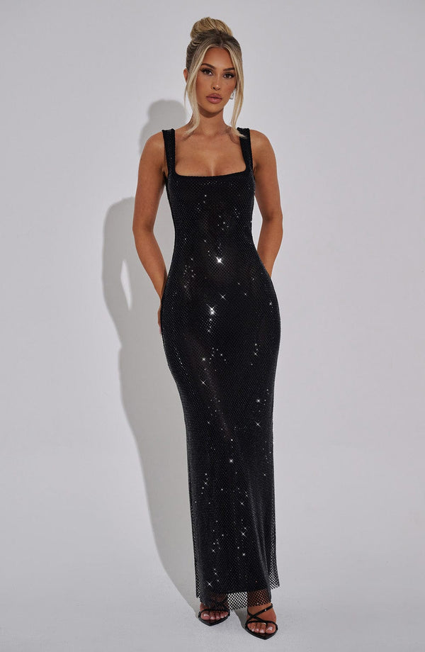 Elegantes Strass Maxikleid für Damen. Perfekt als Hochzeitsgastkleid oder Abendkleid mit glamourösem Akzent.