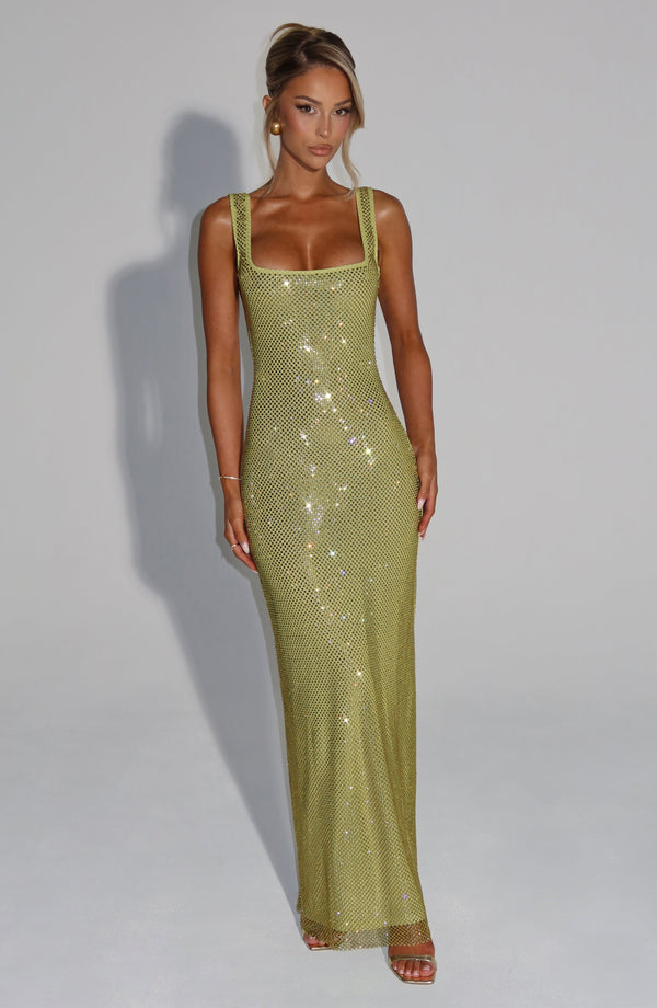Rückenansicht des eleganten Strass Maxikleides. Ein festliches Abendkleid für besondere Anlässe.