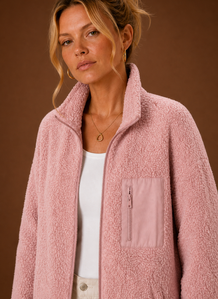 Vielseitige Damen Sherpa-Jacke mit Reißverschluss. Perfekt zum Layering an kühlen Herbstabenden.