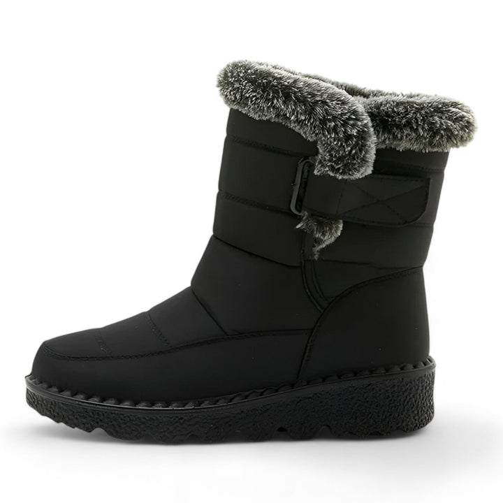 Warme, bequeme Damen Winterstiefel schwarz mit Klettverschluss, wasserabweisend für Alltag & Kälteschutz.