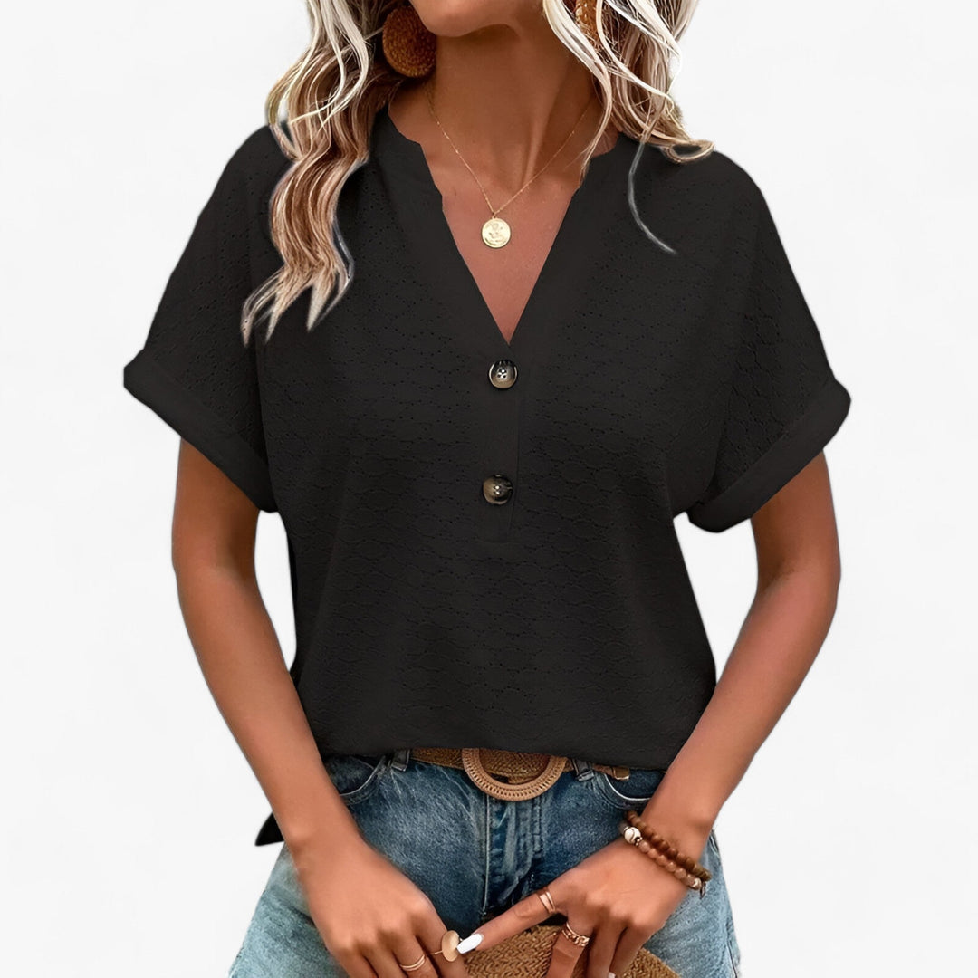 Elegante Damen Jacquard Bluse mit lockerem Schnitt und stilvollem V-Ausschnitt, perfekt für Business und Freizeit.