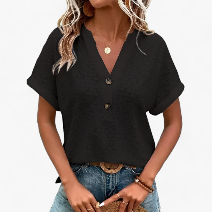 Elegante Damen Jacquard Bluse mit lockerem Schnitt und stilvollem V-Ausschnitt, perfekt für Business und Freizeit.