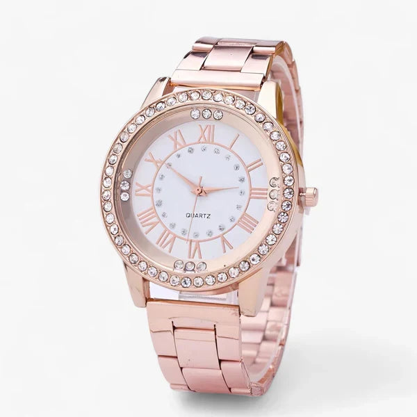 Luxuriöse Damen-Schmuckuhr mit glitzerndem Diamanten-Zifferblatt. Edles Edelstahl-Design, ein modisches Damenaccessoire.