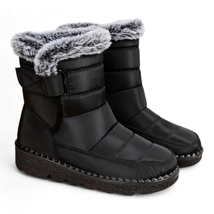 Schwarze, wasserabweisende Damen Winterstiefel mit Klettverschluss für Wärme & Komfort im Schnee.