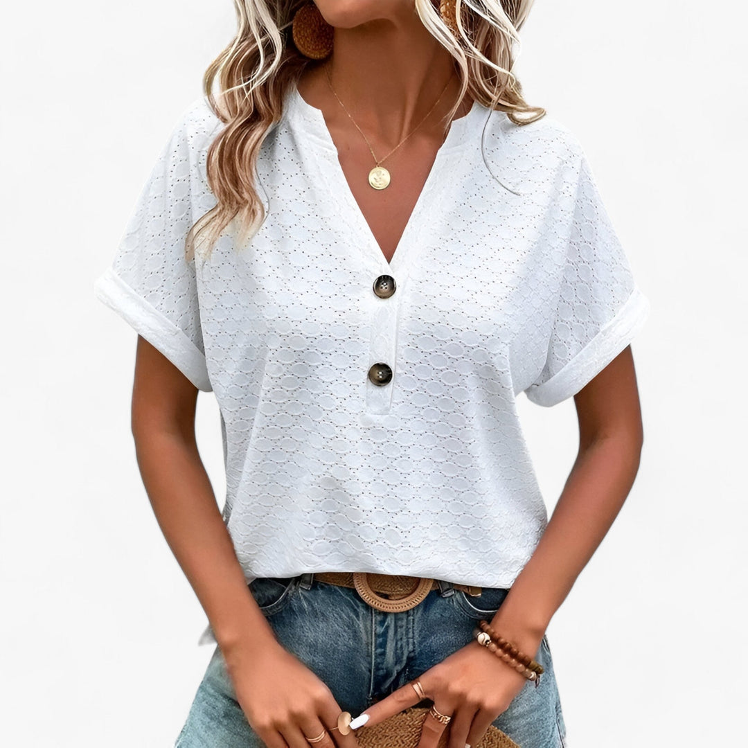 Stilvolle Damen Jacquard Bluse mit V-Ausschnitt. Lockere, elegante Passform für Sommer, Frühling und den Business-Look.