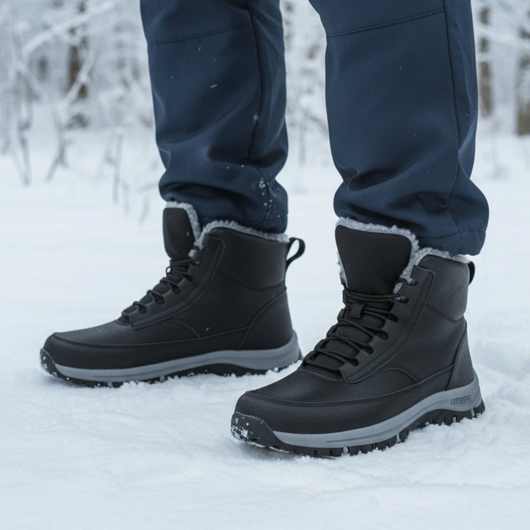 Nahaufnahme: Wasserdichte Herren Schneestiefel in Schwarz, strapazierfähig & warm für extreme Winterbedingungen.