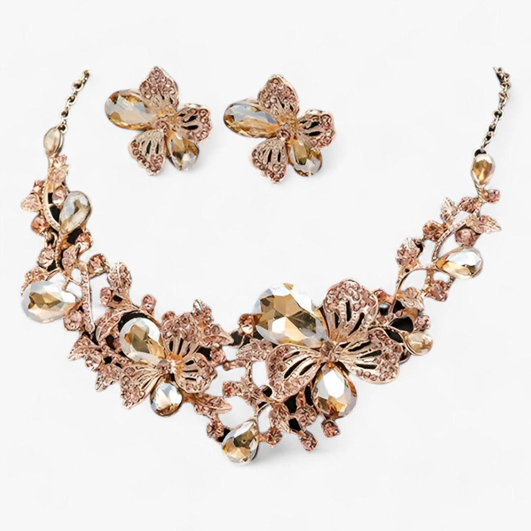 Hochwertiges Damenschmuck-Set mit Emaille-Blumen, bestehend aus Halskette und Ohrringen für festliche Events.