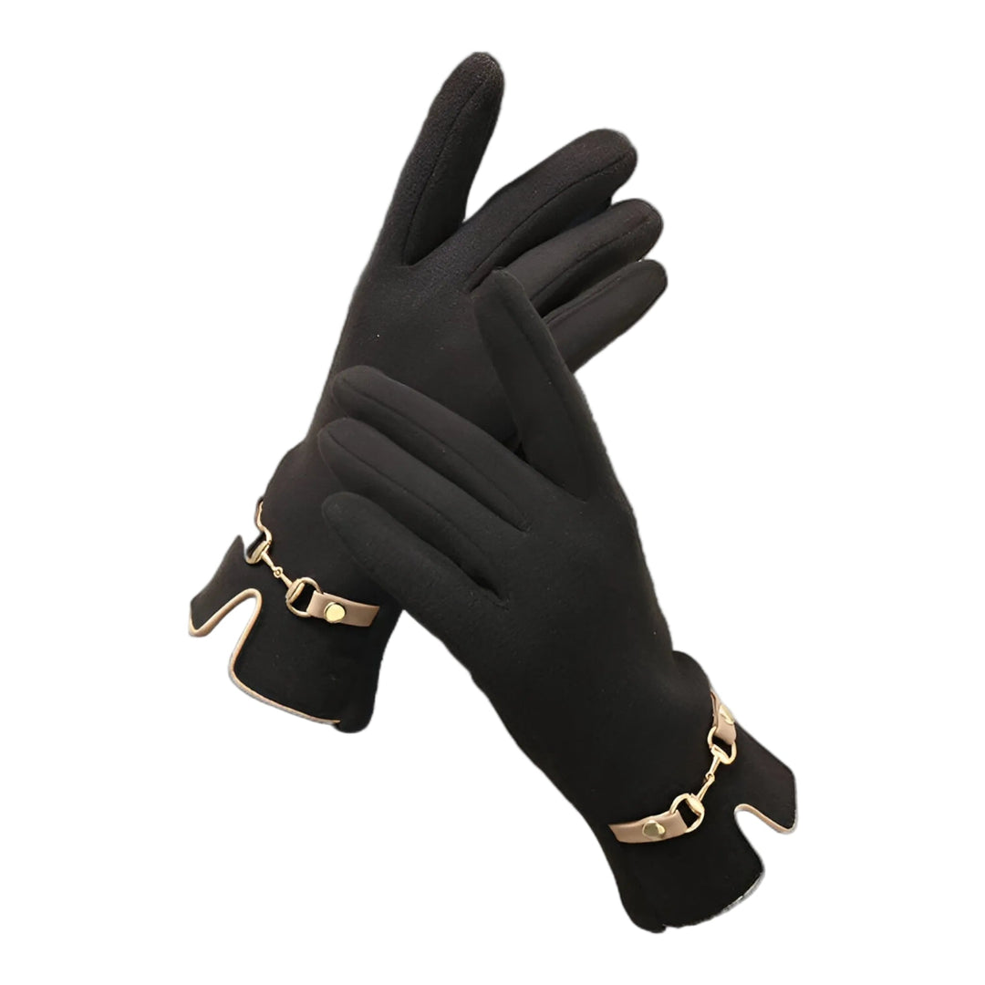 Elegante schwarze Damenhandschuhe mit Touchscreen-Funktion und Kettendetail, warm für Winter & Herbst.