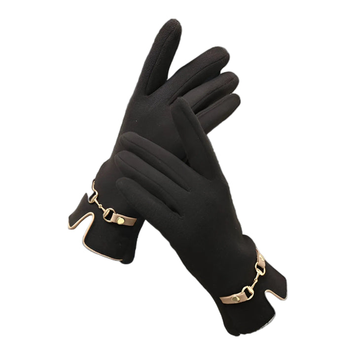 Elegante schwarze Damenhandschuhe mit Touchscreen-Funktion und Kettendetail, warm für Winter & Herbst.