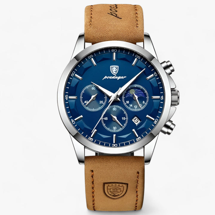 Nahaufnahme des präzisen Zifferblatts einer luxuriösen Herrenuhr. Klassisch, elegant & wasserdicht.