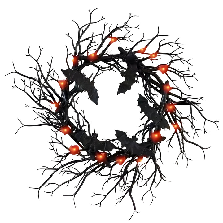 Beleuchteter Halloween Kranz aus Kunststoff, mit gruseligen Fledermäusen & Spinnen. LED-Hängedeko für die Fenster- oder Türdekoration.