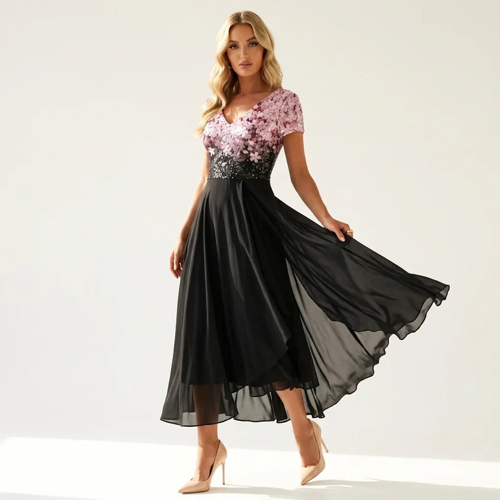 Elegantes wadenlanges Damen A-Linien Abendkleid mit Bestickung und kurzen Ärmeln für besondere Anlässe.