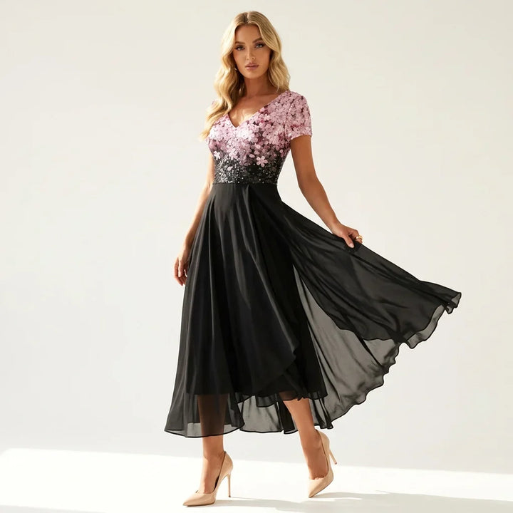 Elegantes wadenlanges Damen A-Linien Abendkleid mit Bestickung und kurzen Ärmeln für besondere Anlässe.