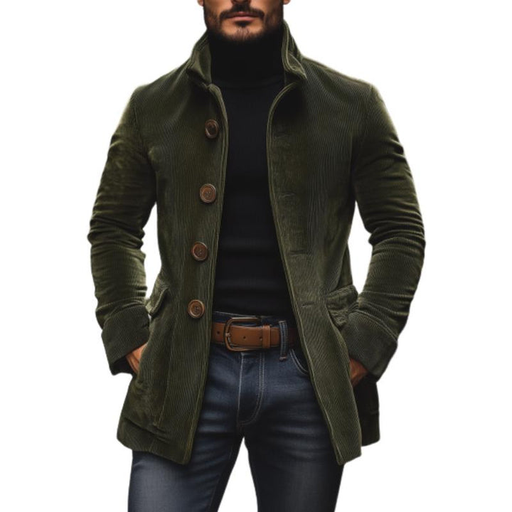 Rückenansicht der modischen Herren Herbstjacke mit Stehkragen und eleganter Schnittführung, perfekt für kühle Tage.