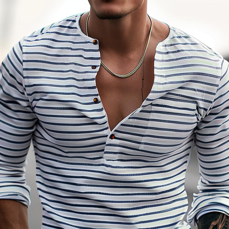 Weiches Herren Gestreiftes Langarmshirt im Henley-Stil, ein bequemes Freizeitshirt für stilbewusste Männer.