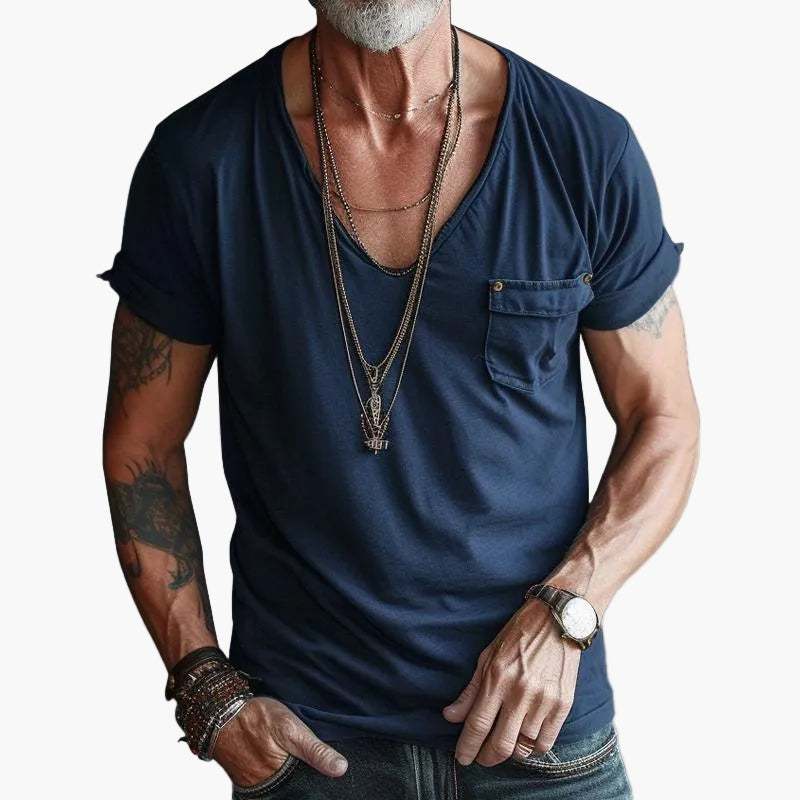 Herren T-Shirt mit V-Ausschnitt und Brusttasche in Dunkelblau, lässig & bequem für Alltag und Freizeit.