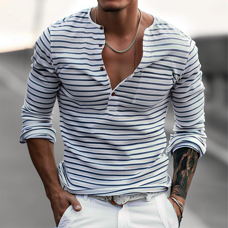 Lässiges Herren Langarm Henley-Shirt mit Streifen, perfekt für entspannte Tage und vielseitige Casual-Mode.