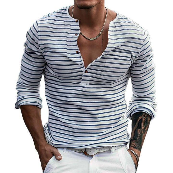 Herren gestreiftes Henley-Shirt Dorian, Langarm, für zeitlosen Komfort und stilvolle Freizeitlooks.