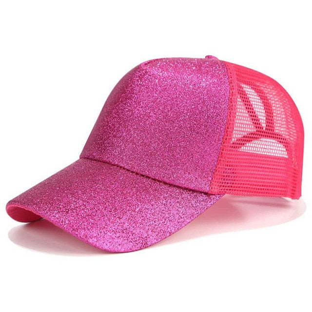 Modische Damen Glitzer Cap mit spezieller Öffnung für Pferdeschwanz & Dutt, stylisches Accessoire für den Sommer.