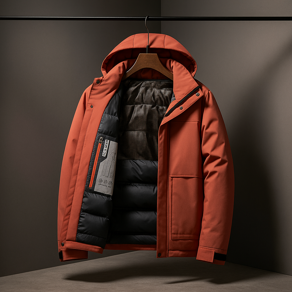 Mann trägt warme, isolierte Herren Winterjacke mit Kapuze für Outdoor-Aktivitäten bei Kälte.