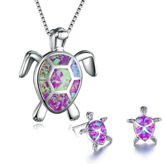 Geschenkidee: Elegantes Damen Schildkröten Schmuckset aus Sterlingsilber mit Opal Halskette & passenden Ohrringen.