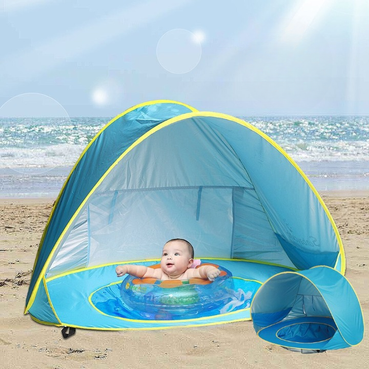Baby Strandzelt mit UV-Schutz 50+ und Planschbecken für sicheren Spielspaß am Strand oder Garten.