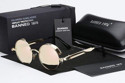 Stilvolle polarisierte Herren Steampunk Sonnenbrille, runder Metallrahmen, ideal für Festival und urbanen Look.