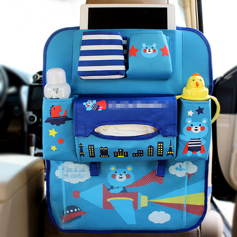 Praktischer Kinder Auto Organizer mit Flaschenhalter und viel Stauraum für Snacks und Spielzeug.
